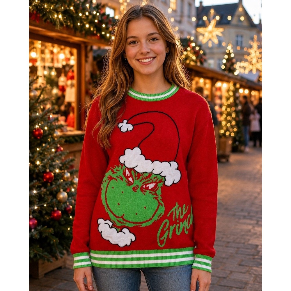 The Grinch Christmas Sweater Red Green Dr Seuss Girls 14-16 Holiday Knit